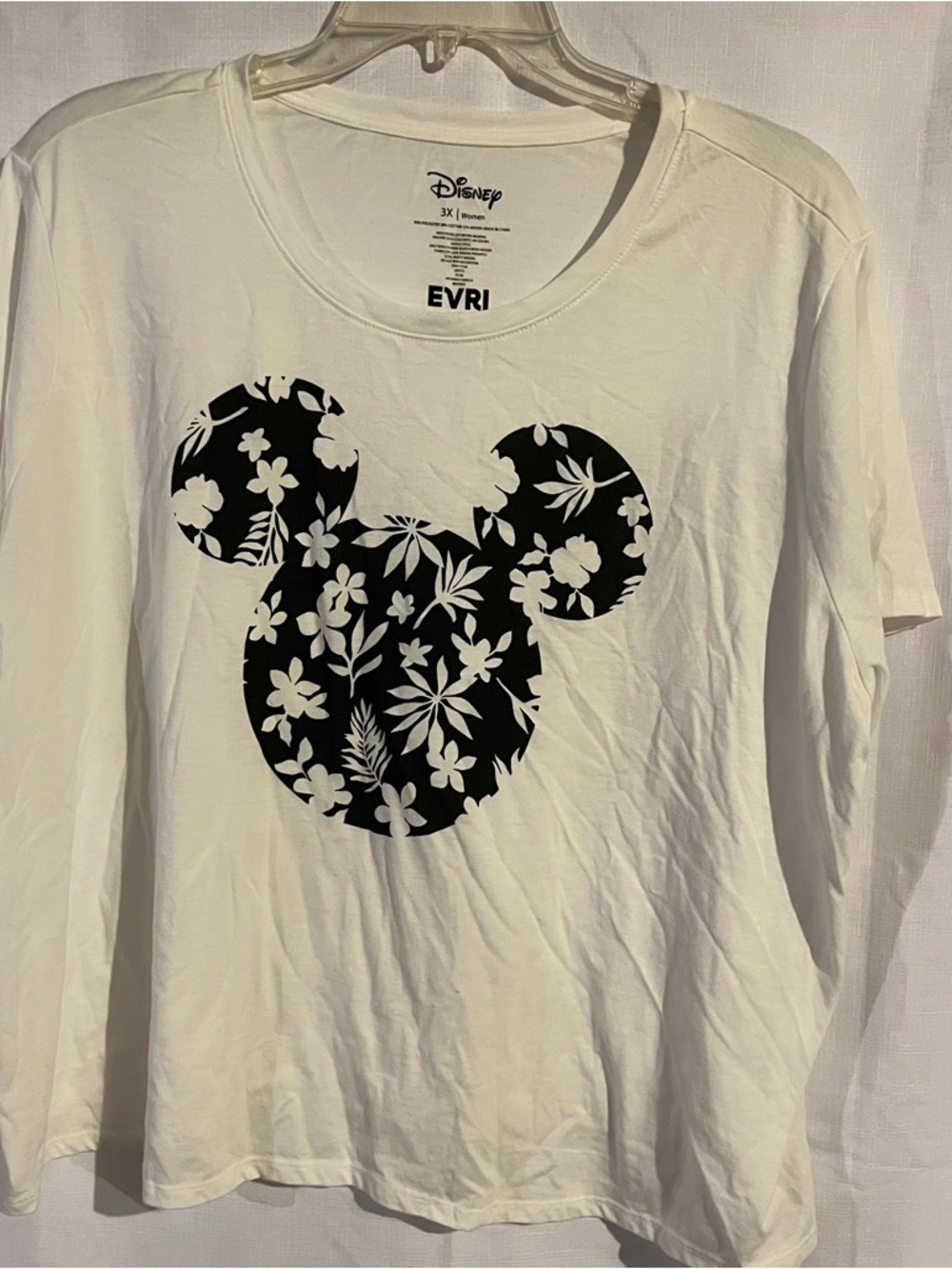 Disney White Tee with Black Floral Mickey Silhouette